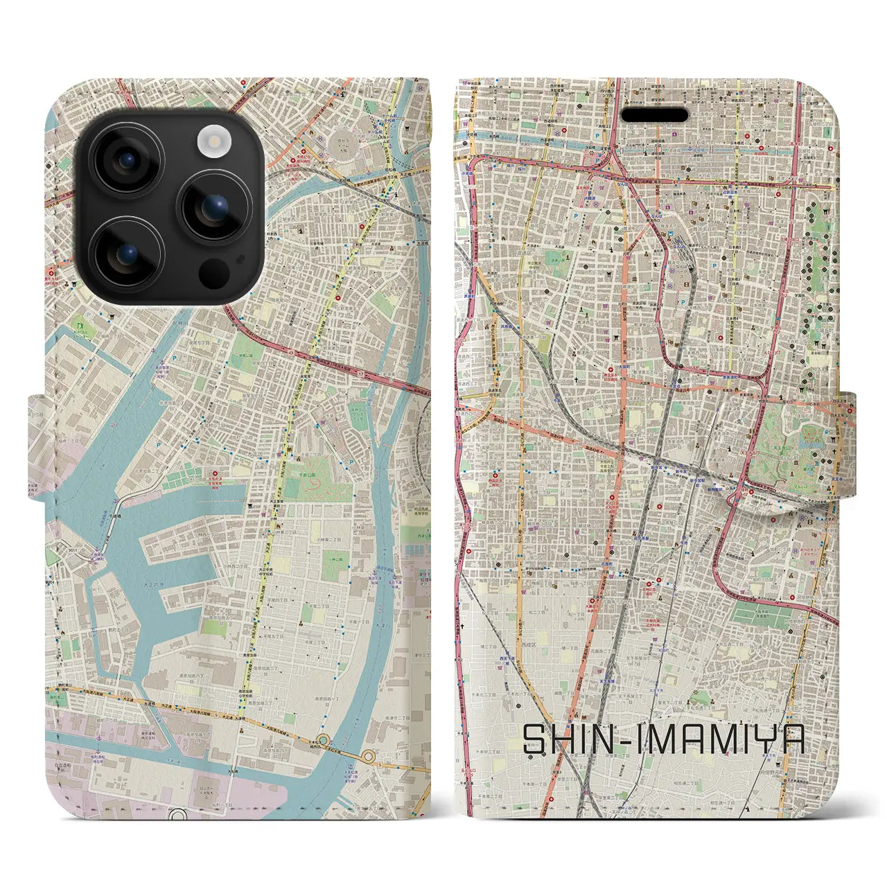 【新今宮（大阪府）】地図柄iPhoneケース（手帳タイプ）ナチュラル・iPhone 16 用