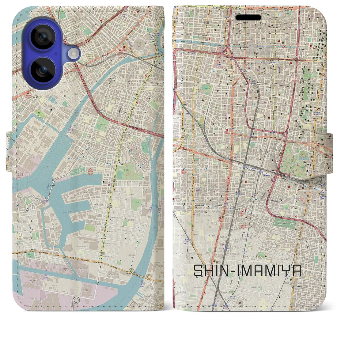 【新今宮（大阪府）】地図柄iPhoneケース（手帳タイプ）ナチュラル・iPhone 16 Pro Max 用