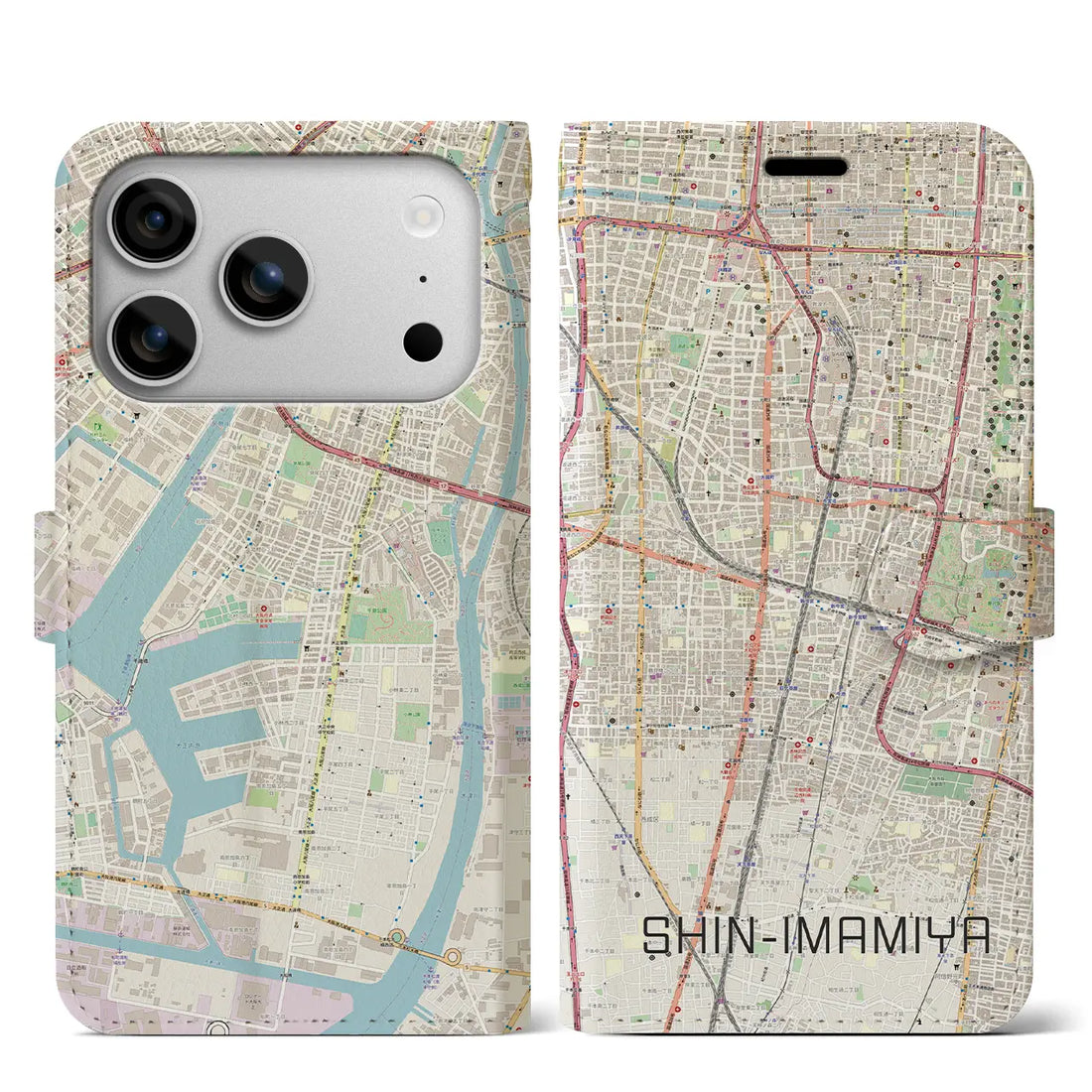 【新今宮（大阪府）】地図柄iPhoneケース（手帳タイプ）モノトーン・iPhone 17 Pro Max 用