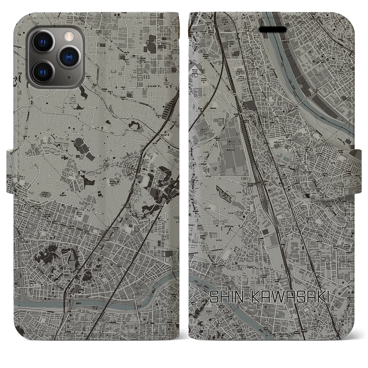 【新川崎】地図柄iPhoneケース（手帳両面タイプ・モノトーン）iPhone 11 Pro Max 用
