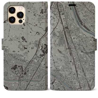 【新川崎】地図柄iPhoneケース（手帳両面タイプ・モノトーン）iPhone 12 Pro Max 用
