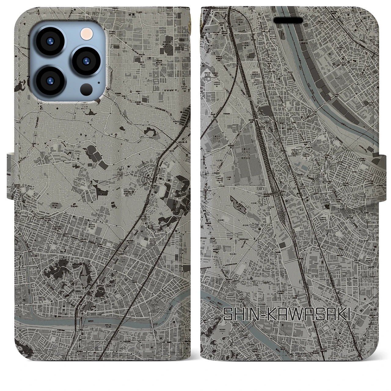 【新川崎】地図柄iPhoneケース（手帳両面タイプ・モノトーン）iPhone 13 Pro Max 用