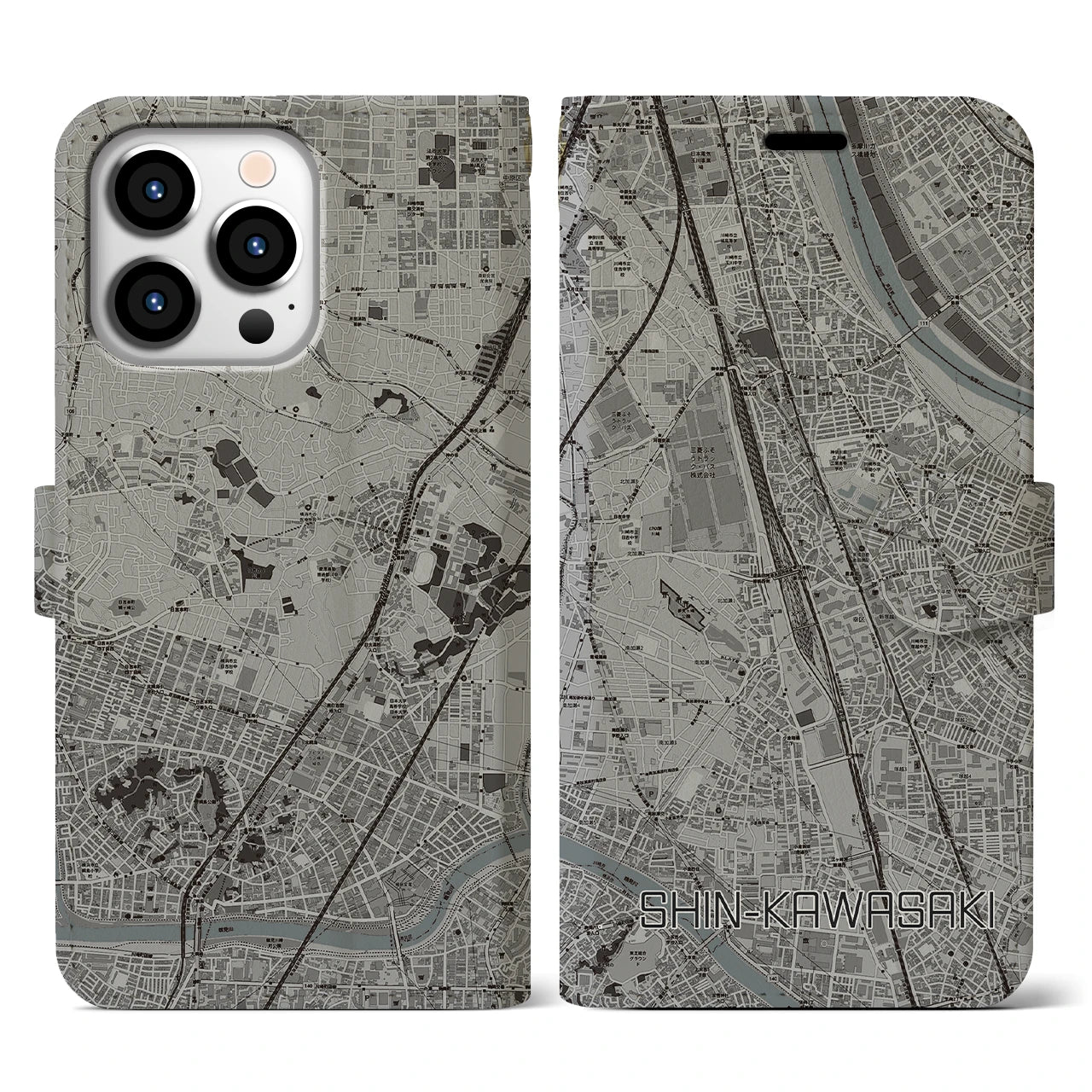 【新川崎】地図柄iPhoneケース（手帳両面タイプ・モノトーン）iPhone 13 Pro 用