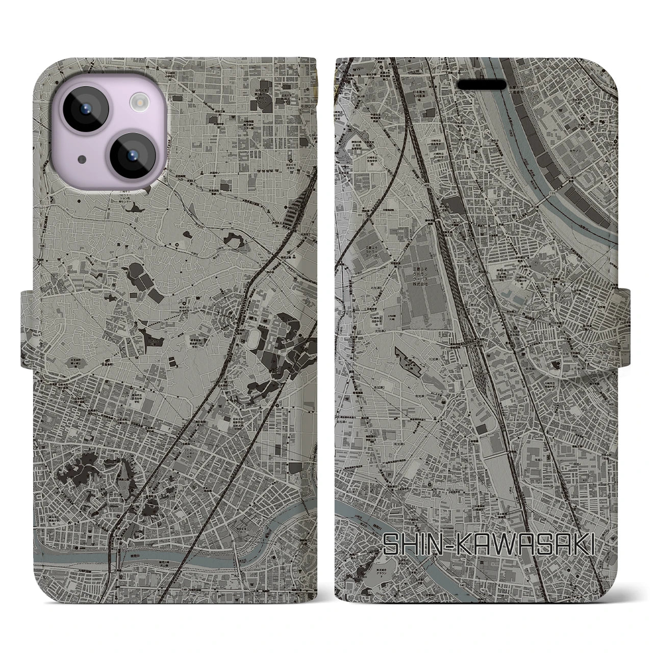 【新川崎】地図柄iPhoneケース（手帳両面タイプ・モノトーン）iPhone 14 用