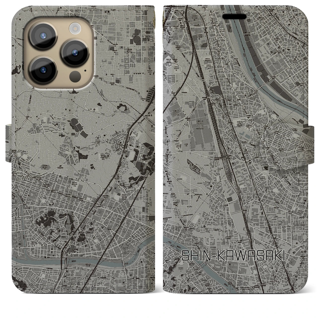 【新川崎】地図柄iPhoneケース（手帳両面タイプ・モノトーン）iPhone 14 Pro Max 用