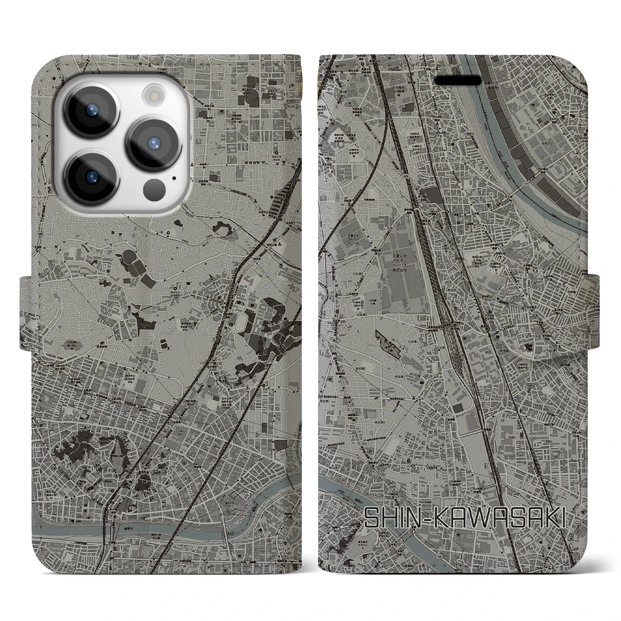【新川崎】地図柄iPhoneケース（手帳両面タイプ・モノトーン）iPhone 14 Pro 用