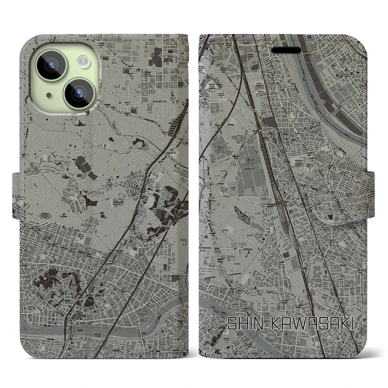 【新川崎】地図柄iPhoneケース（手帳両面タイプ・モノトーン）iPhone 15 用