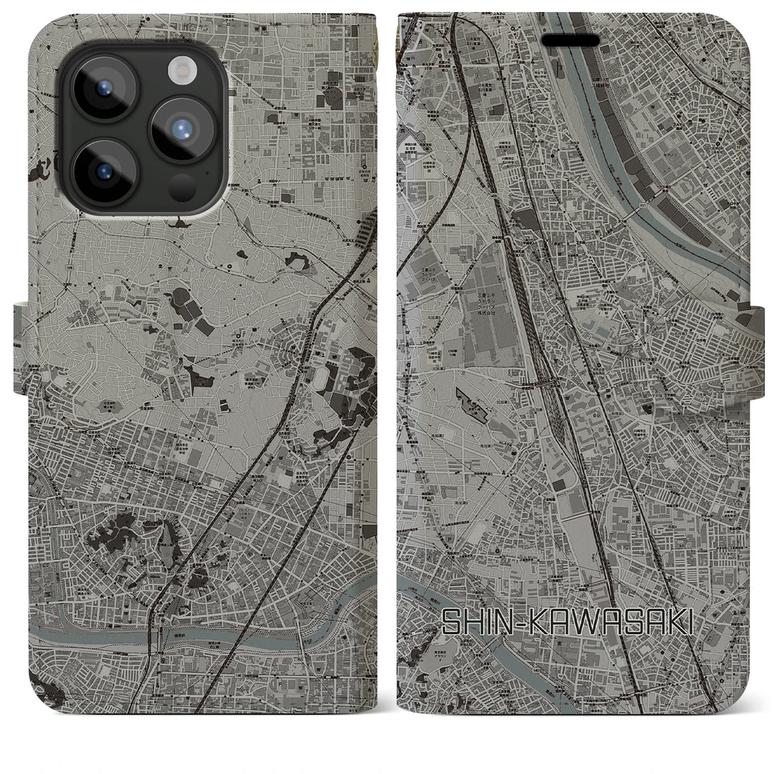 【新川崎】地図柄iPhoneケース（手帳両面タイプ・モノトーン）iPhone 15 Pro Max 用
