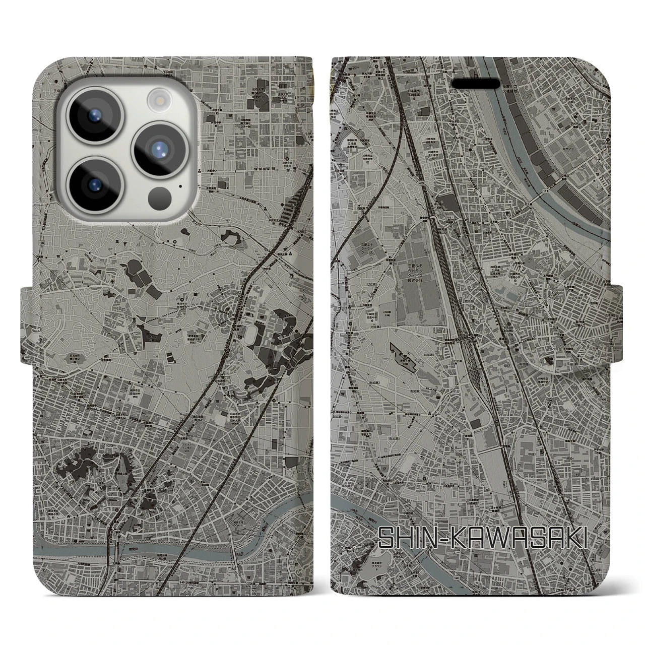 【新川崎】地図柄iPhoneケース（手帳両面タイプ・モノトーン）iPhone 15 Pro 用