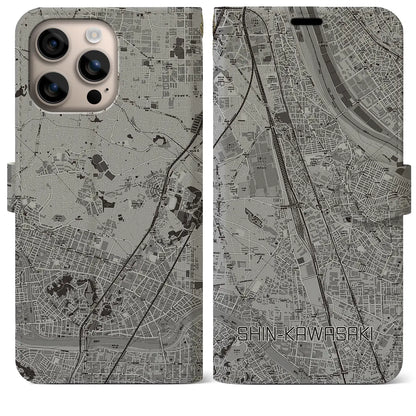 【新川崎（神奈川県）】地図柄iPhoneケース（手帳タイプ）モノトーン・iPhone 16 Plus 用