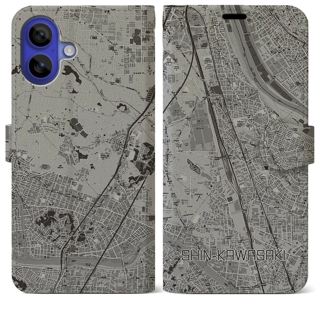 【新川崎(神奈川県)】地図柄iPhoneケース(手帳タイプ)モノトーン・iPhone 16 Pro Max 用