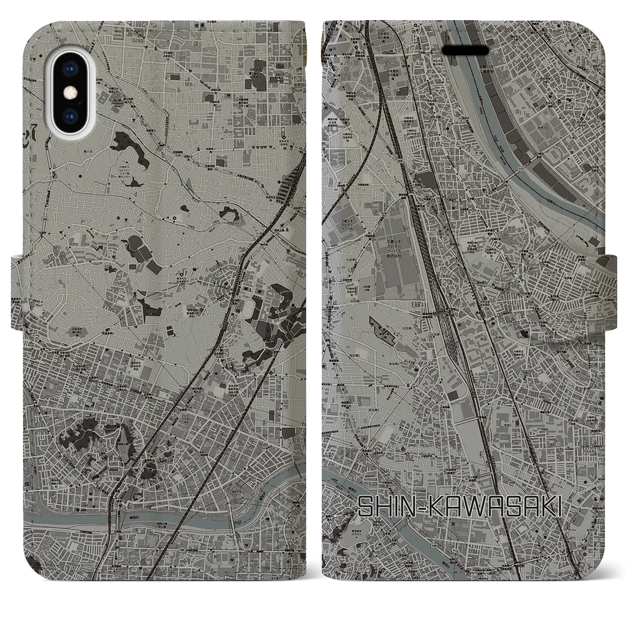 【新川崎】地図柄iPhoneケース（手帳両面タイプ・モノトーン）iPhone XS Max 用