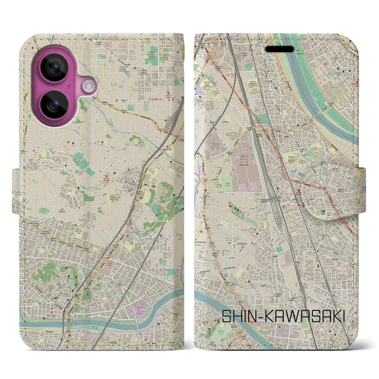 【新川崎（神奈川県）】地図柄iPhoneケース（手帳タイプ）ナチュラル・iPhone 16 Pro 用