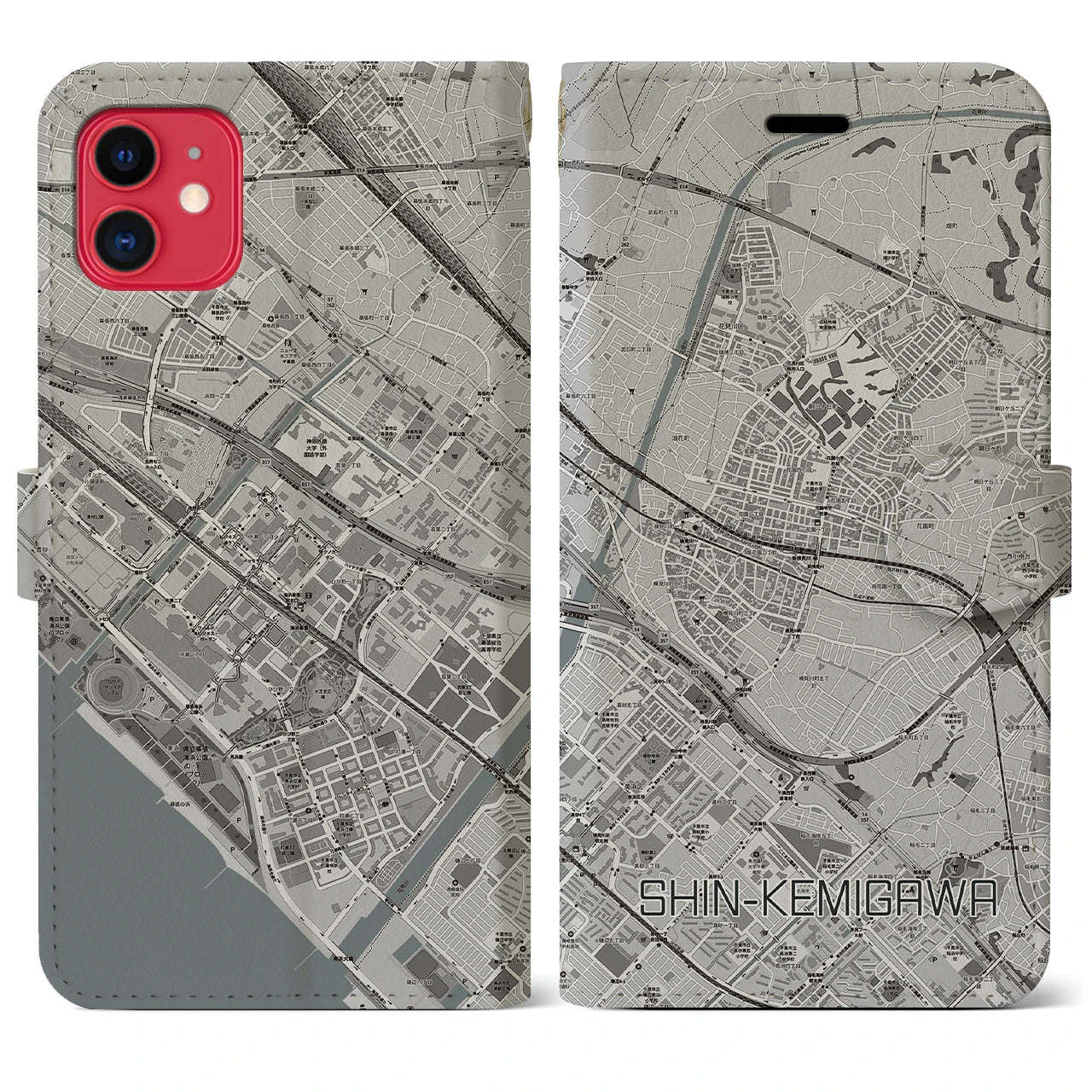 【新検見川】地図柄iPhoneケース（手帳両面タイプ・モノトーン）iPhone 11 用