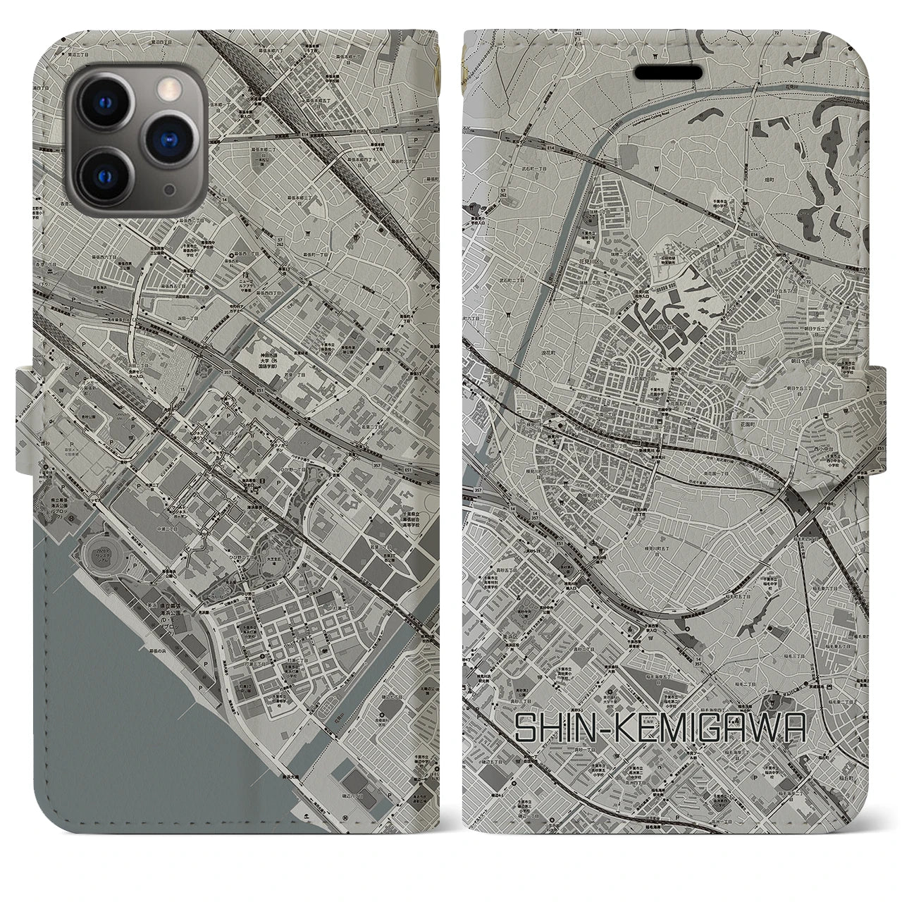 【新検見川】地図柄iPhoneケース（手帳両面タイプ・モノトーン）iPhone 11 Pro Max 用