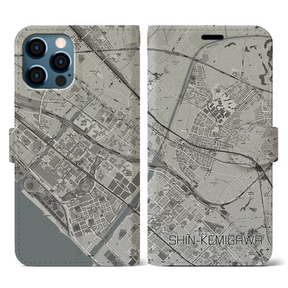 【新検見川（千葉県）】地図柄iPhoneケース（手帳タイプ）モノトーン・iPhone 12 / 12 Pro 用