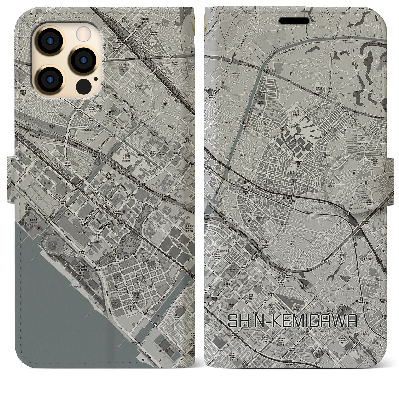 【新検見川】地図柄iPhoneケース（手帳両面タイプ・モノトーン）iPhone 12 Pro Max 用