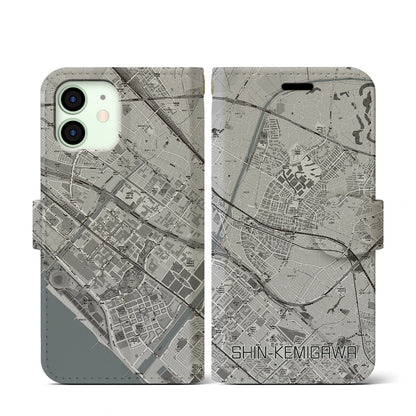 【新検見川（千葉県）】地図柄iPhoneケース（手帳タイプ）モノトーン・iPhone 12 mini 用