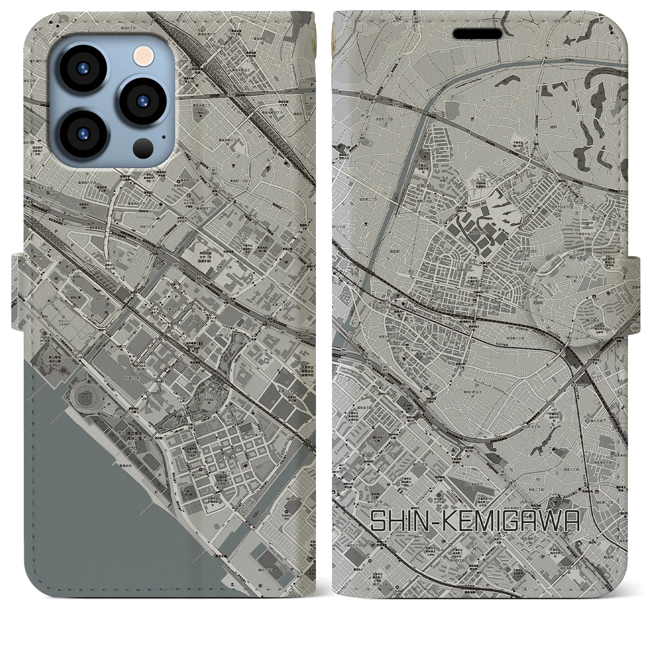 【新検見川】地図柄iPhoneケース（手帳両面タイプ・モノトーン）iPhone 13 Pro Max 用