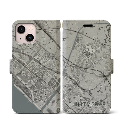 【新検見川（千葉県）】地図柄iPhoneケース（手帳タイプ）モノトーン・iPhone 13 mini 用