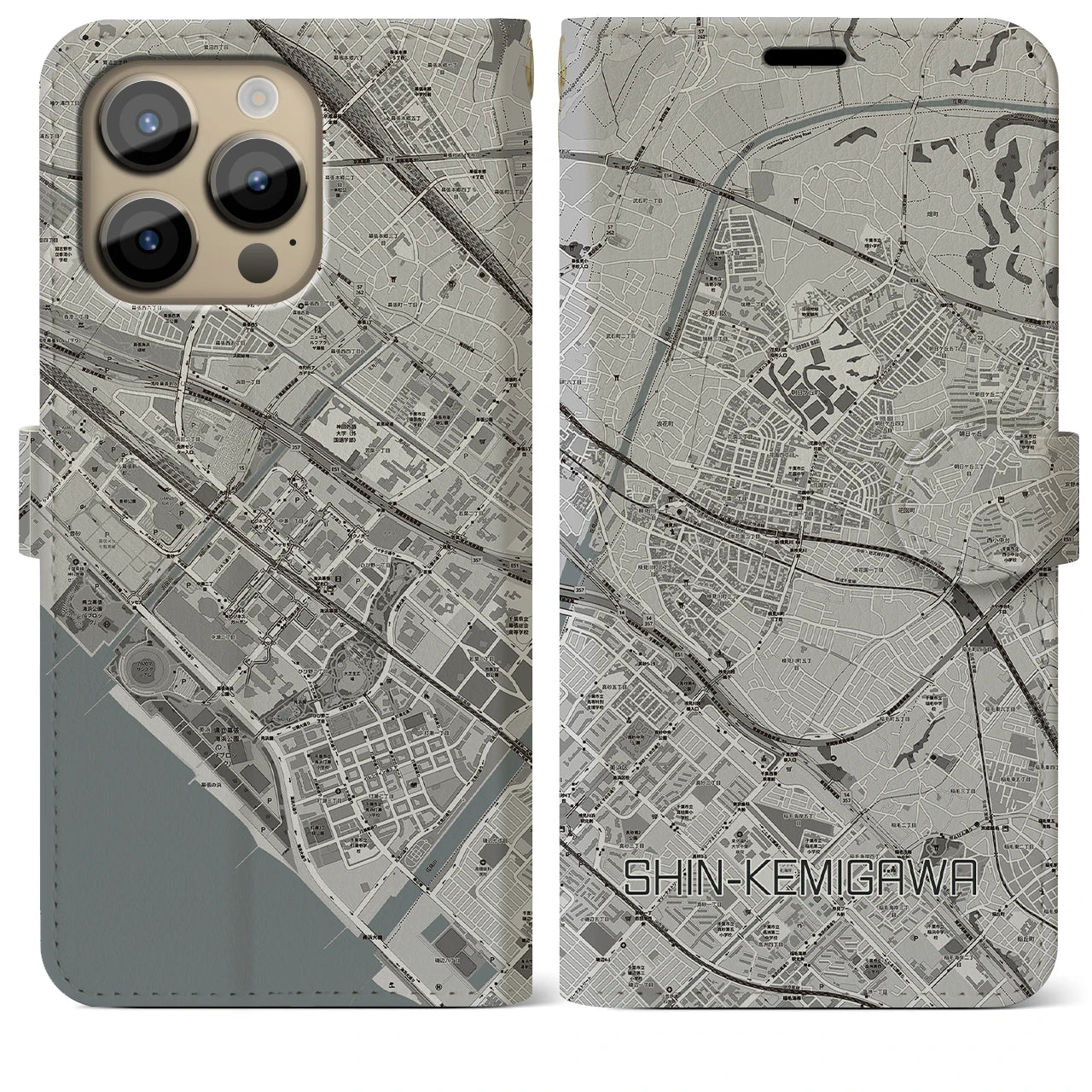 【新検見川】地図柄iPhoneケース（手帳両面タイプ・モノトーン）iPhone 14 Pro Max 用