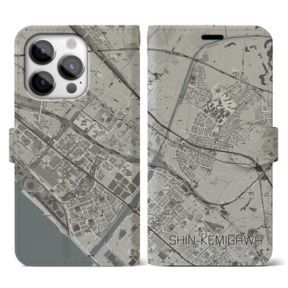 【新検見川（千葉県）】地図柄iPhoneケース（手帳タイプ）モノトーン・iPhone 14 Pro 用