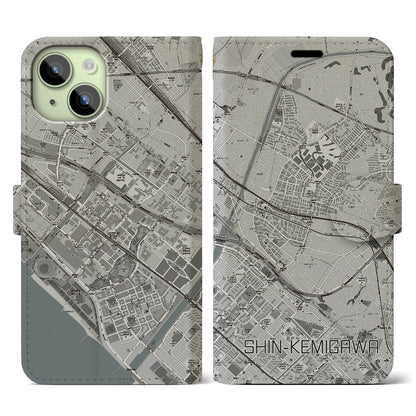 【新検見川（千葉県）】地図柄iPhoneケース（手帳タイプ）モノトーン・iPhone 15 用