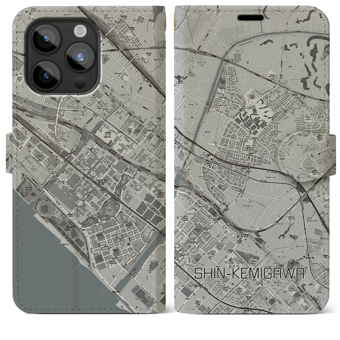 【新検見川】地図柄iPhoneケース（手帳両面タイプ・モノトーン）iPhone 15 Pro Max 用