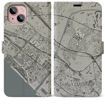 【新検見川（千葉県）】地図柄iPhoneケース（手帳タイプ）モノトーン・iPhone 15 Plus 用