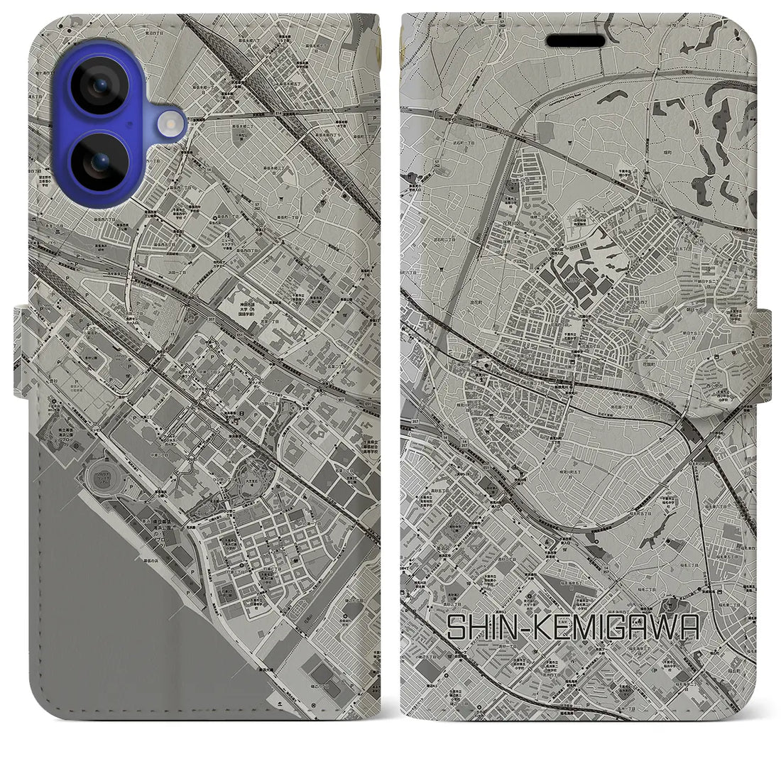 【新検見川(千葉県)】地図柄iPhoneケース(手帳タイプ)モノトーン・iPhone 16 Pro Max 用