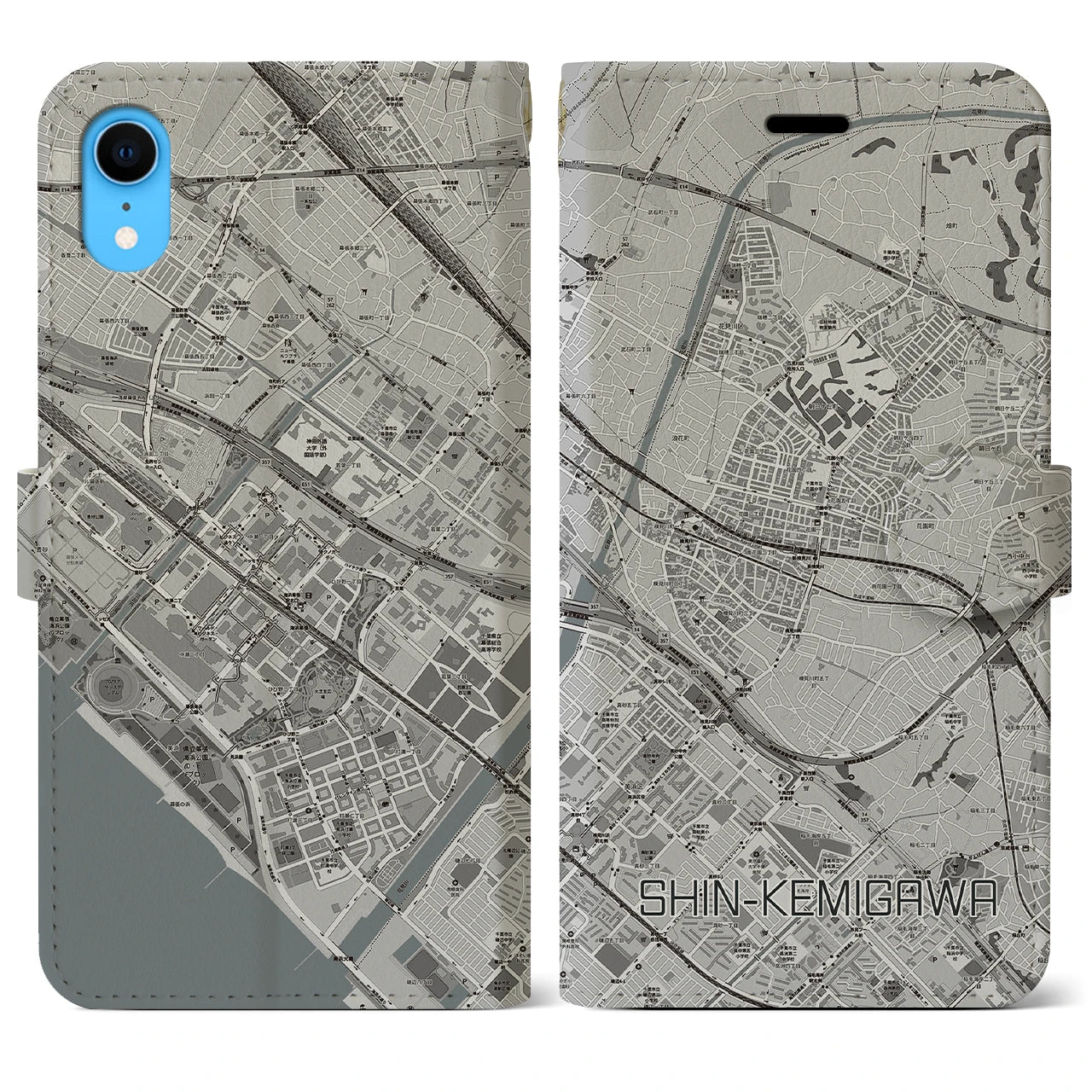 【新検見川】地図柄iPhoneケース（手帳両面タイプ・モノトーン）iPhone XR 用