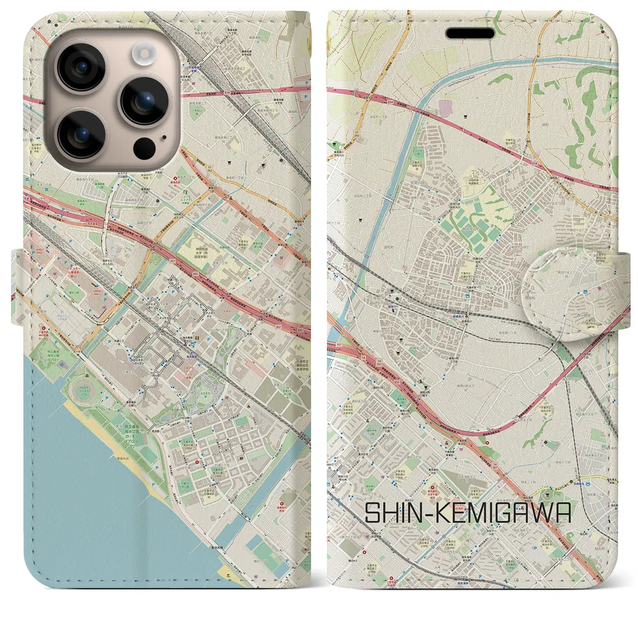 【新検見川（千葉県）】地図柄iPhoneケース（手帳タイプ）ナチュラル・iPhone 16 Plus 用