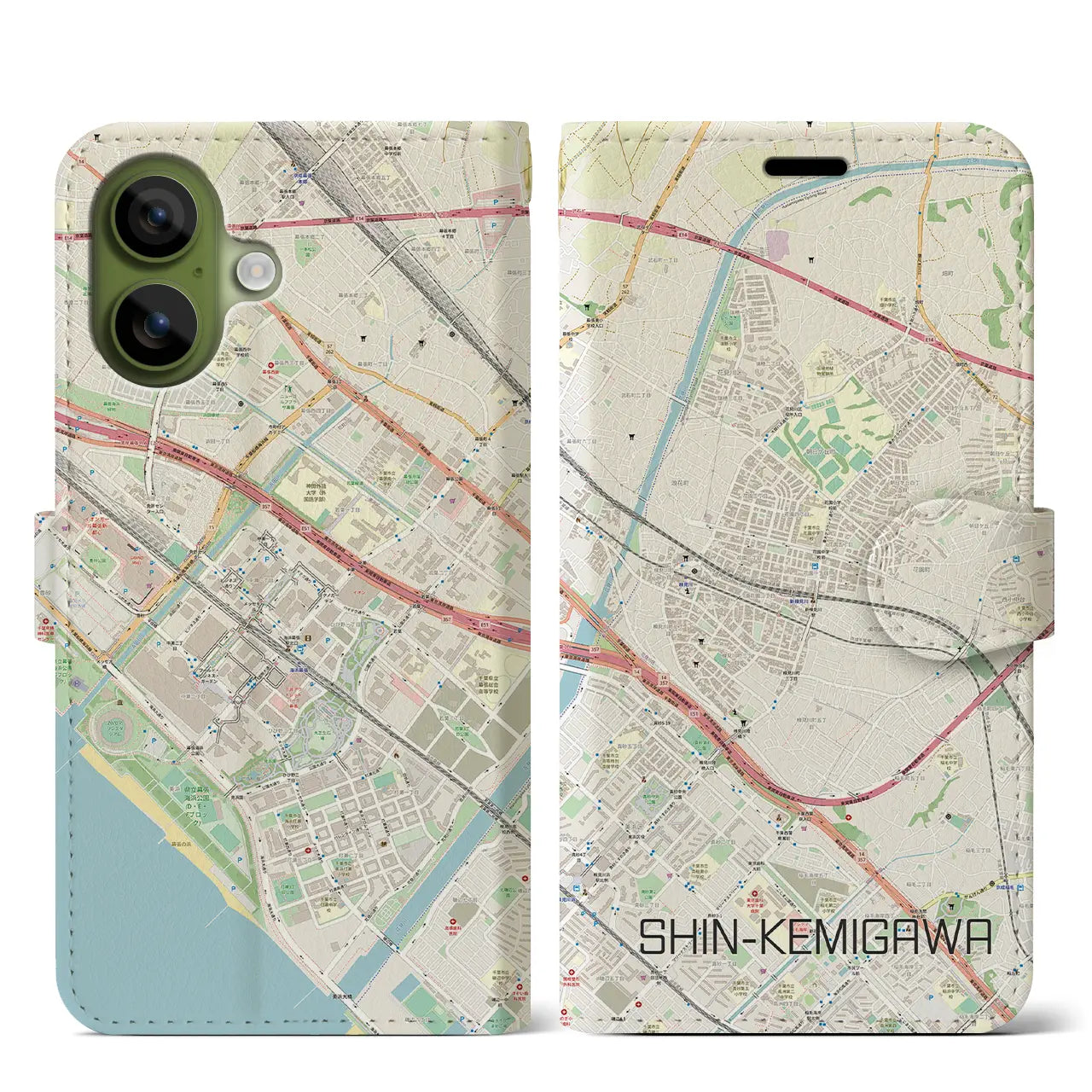 【新検見川（千葉県）】地図柄iPhoneケース（手帳タイプ）ナチュラル・iPhone 17 Pro Max 用