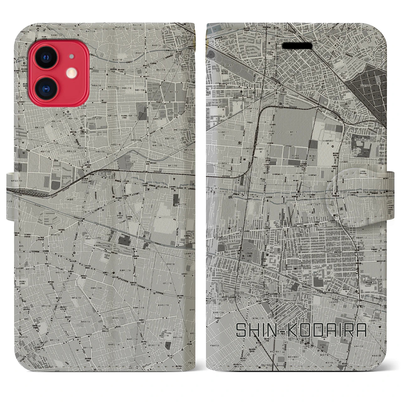 【新小平】地図柄iPhoneケース（手帳両面タイプ・モノトーン）iPhone 11 用