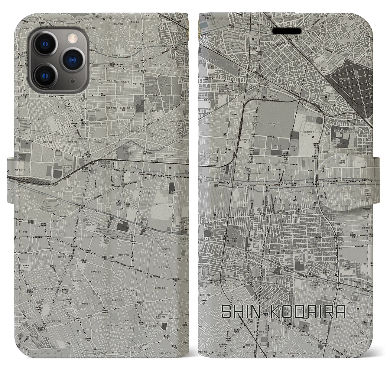 【新小平】地図柄iPhoneケース（手帳両面タイプ・モノトーン）iPhone 11 Pro Max 用