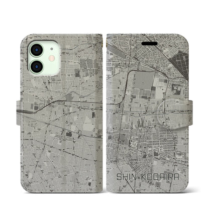 【新小平（東京都）】地図柄iPhoneケース（手帳タイプ）モノトーン・iPhone 12 mini 用