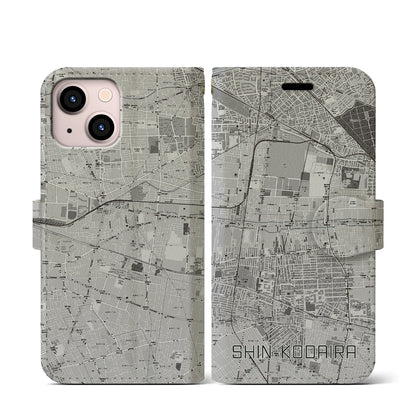 【新小平（東京都）】地図柄iPhoneケース（手帳タイプ）モノトーン・iPhone 13 mini 用