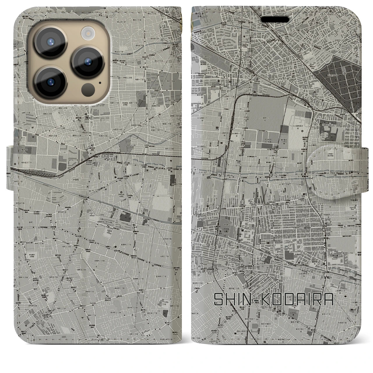 【新小平】地図柄iPhoneケース（手帳両面タイプ・モノトーン）iPhone 14 Pro Max 用