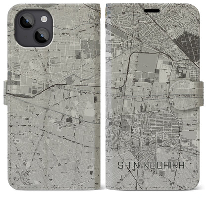 【新小平（東京都）】地図柄iPhoneケース（手帳タイプ）モノトーン・iPhone 14 Plus 用