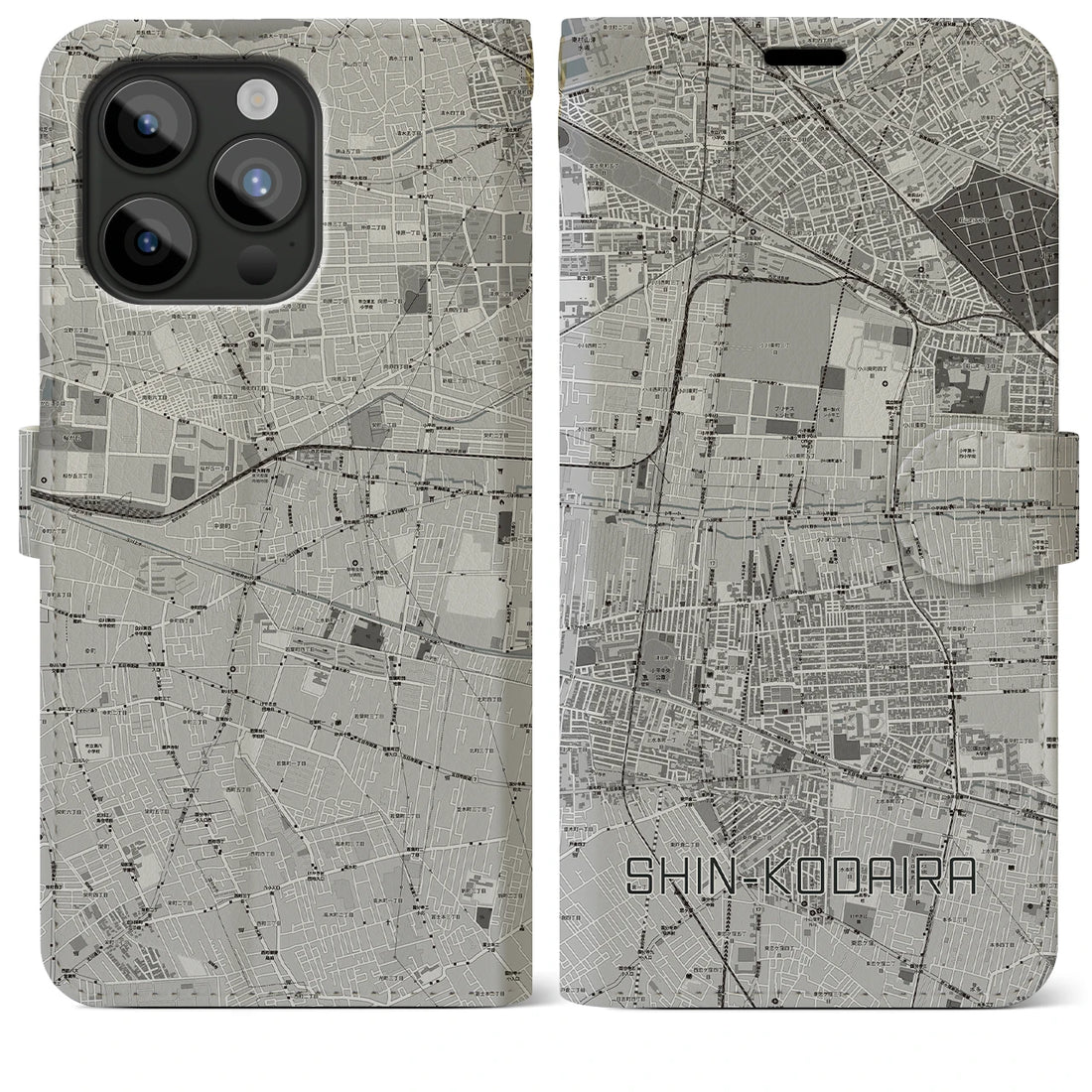 【新小平】地図柄iPhoneケース（手帳両面タイプ・モノトーン）iPhone 15 Pro Max 用