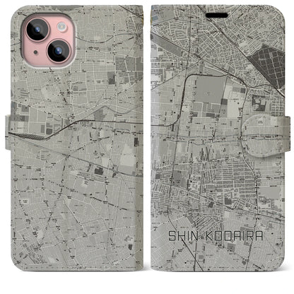 【新小平（東京都）】地図柄iPhoneケース（手帳タイプ）モノトーン・iPhone 15 Plus 用