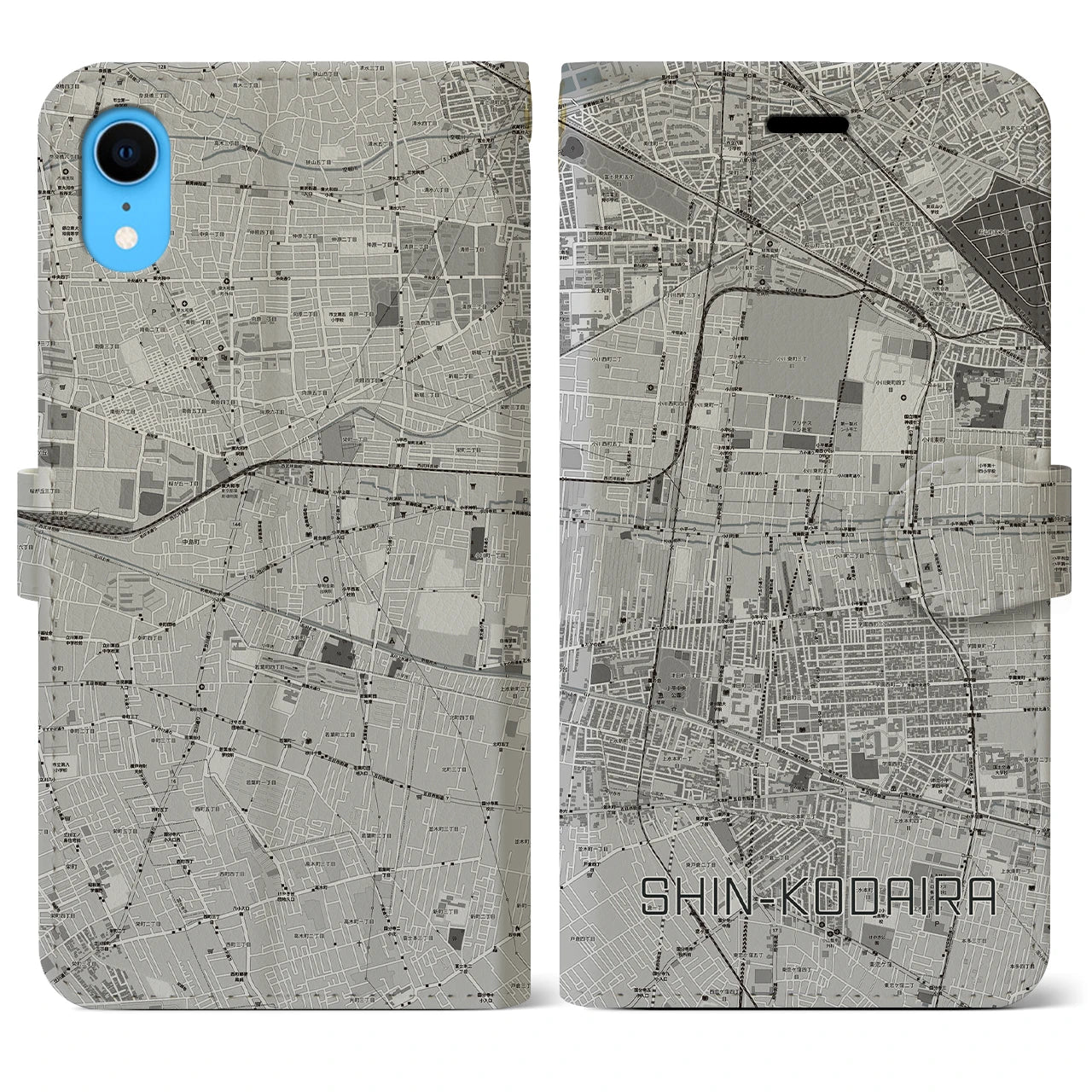 【新小平】地図柄iPhoneケース（手帳両面タイプ・モノトーン）iPhone XR 用