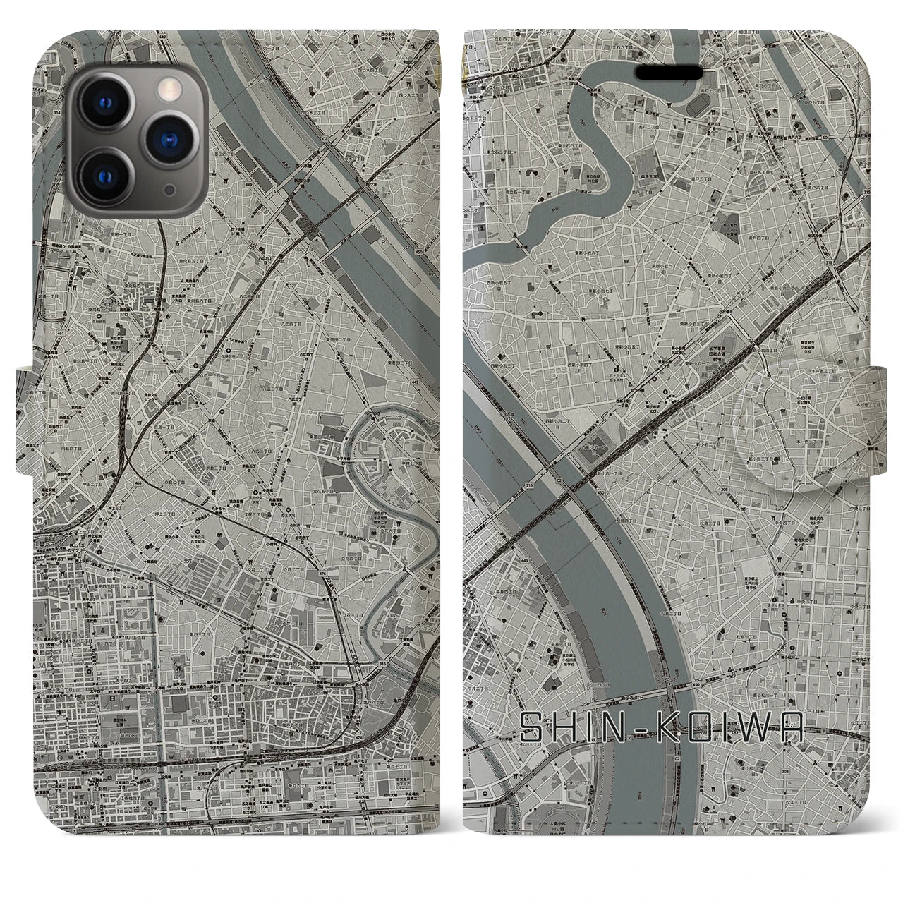 【新小岩】地図柄iPhoneケース（手帳両面タイプ・モノトーン）iPhone 11 Pro Max 用