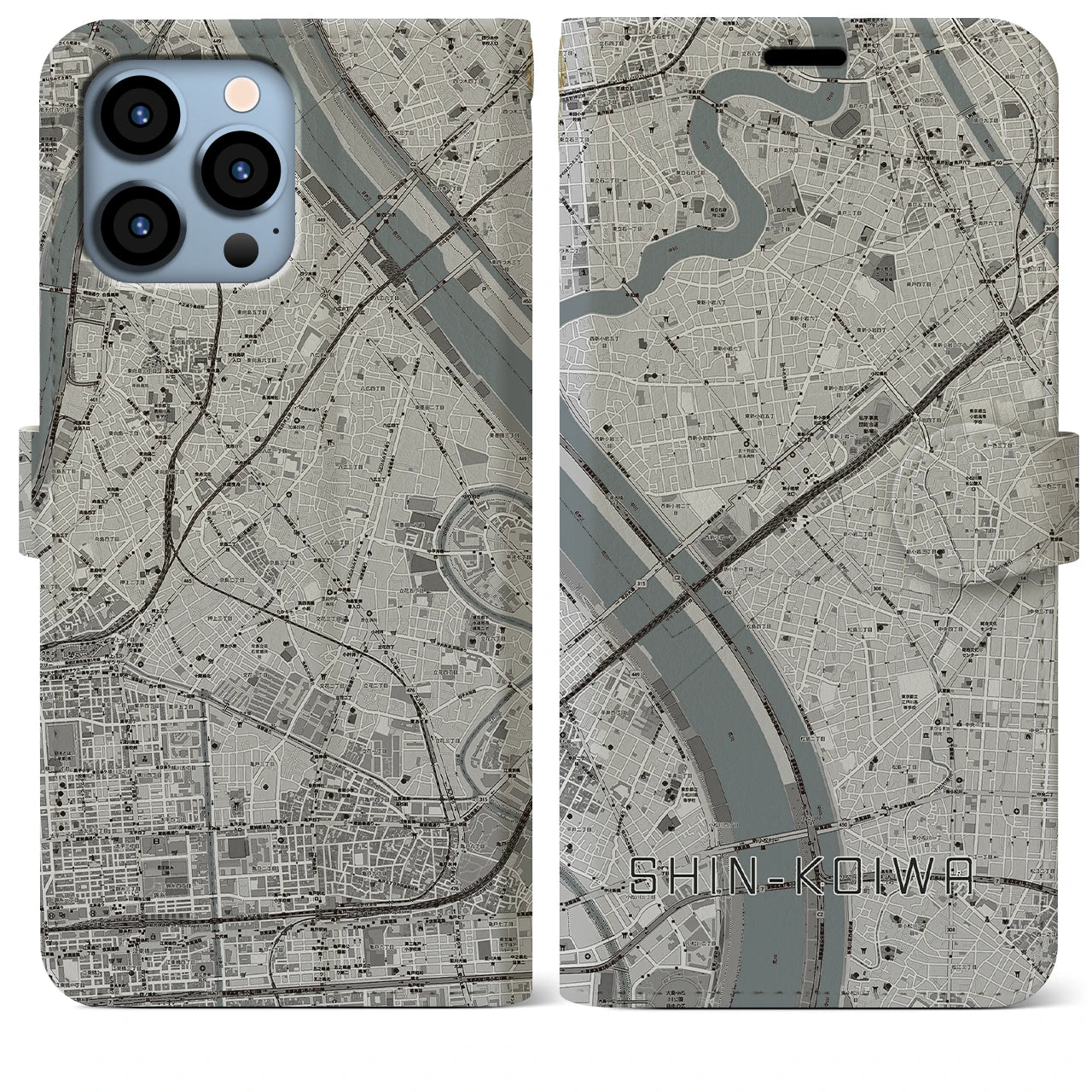 【新小岩】地図柄iPhoneケース（手帳両面タイプ・モノトーン）iPhone 13 Pro Max 用