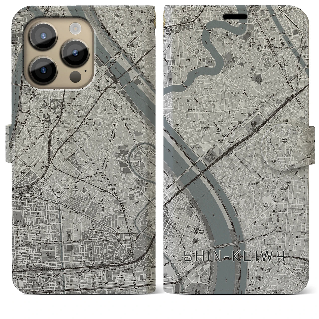 【新小岩】地図柄iPhoneケース（手帳両面タイプ・モノトーン）iPhone 14 Pro Max 用