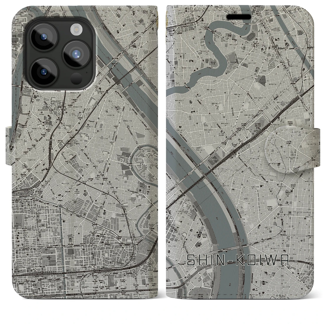 【新小岩】地図柄iPhoneケース（手帳両面タイプ・モノトーン）iPhone 15 Pro Max 用