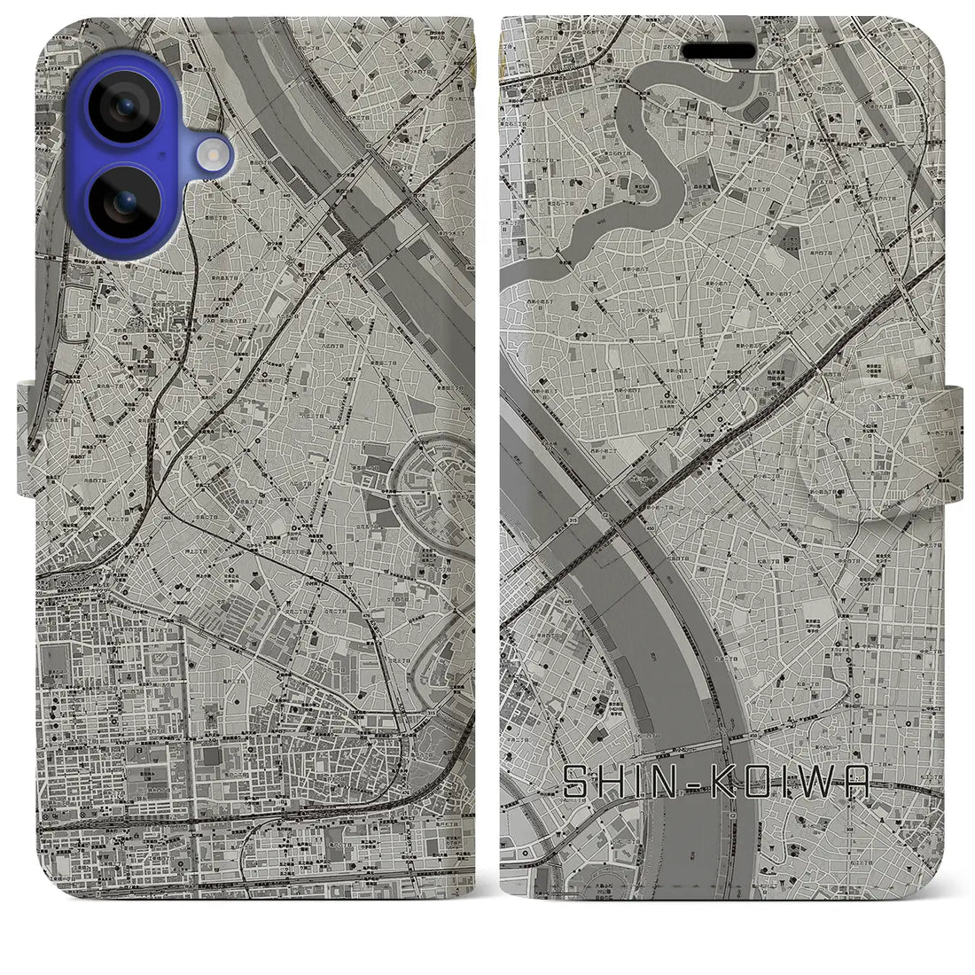 【新小岩(東京都)】地図柄iPhoneケース(手帳タイプ)モノトーン・iPhone 16 Pro Max 用