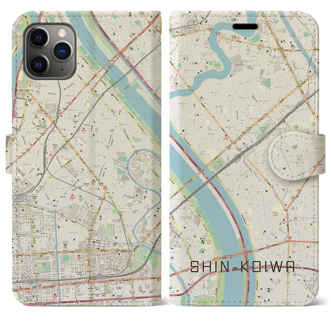 【新小岩】地図柄iPhoneケース（手帳両面タイプ・ナチュラル）iPhone 11 Pro Max 用