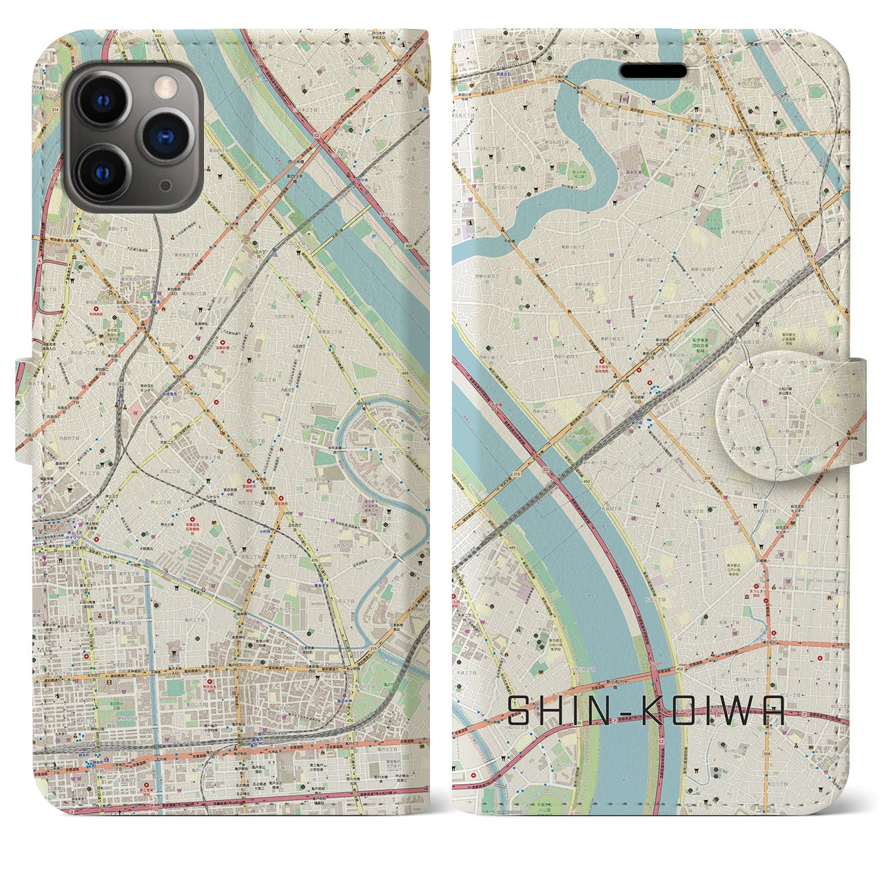 【新小岩（東京都）】地図柄iPhoneケース（手帳タイプ）ナチュラル・iPhone 11 Pro Max 用