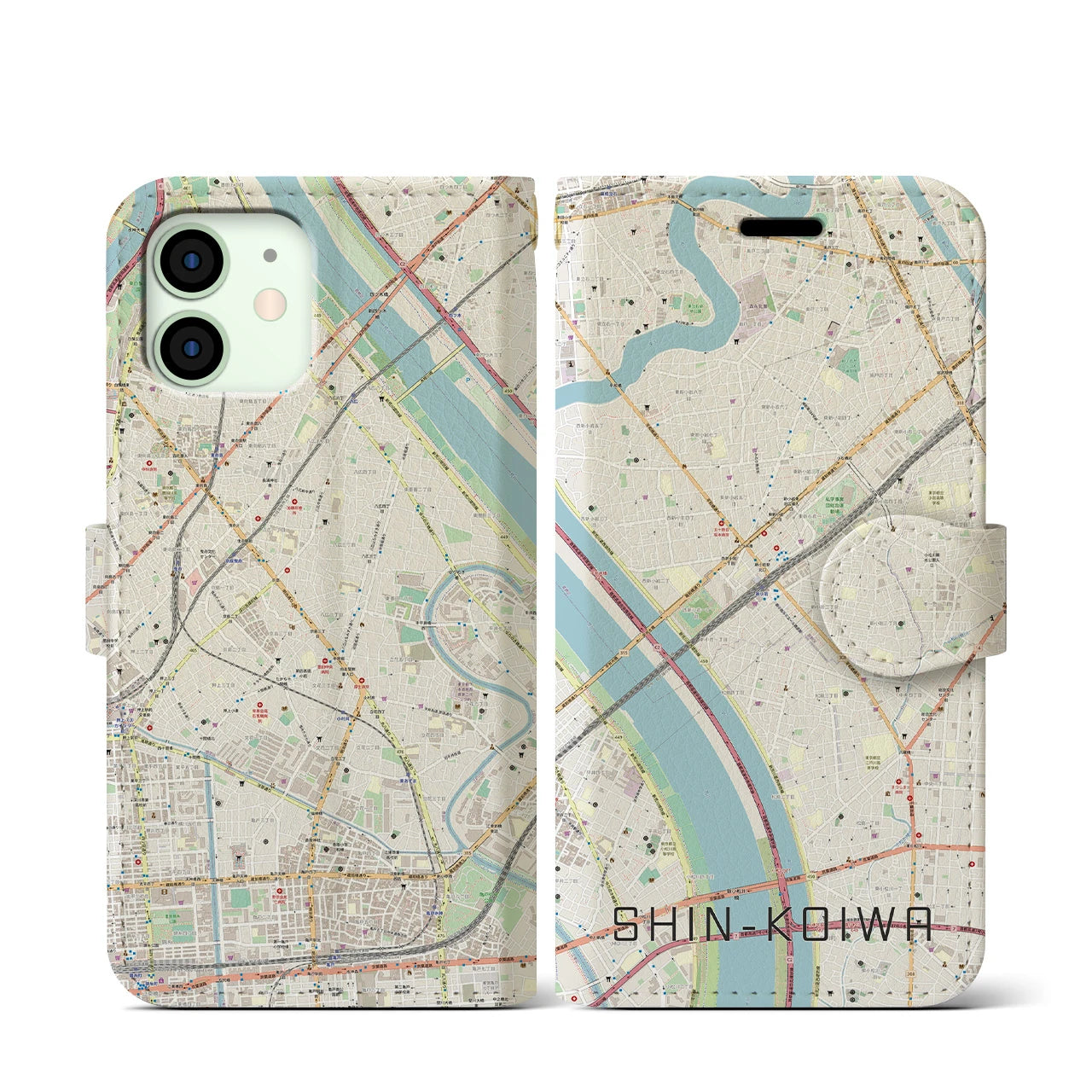 【新小岩】地図柄iPhoneケース（手帳両面タイプ・ナチュラル）iPhone 12 mini 用